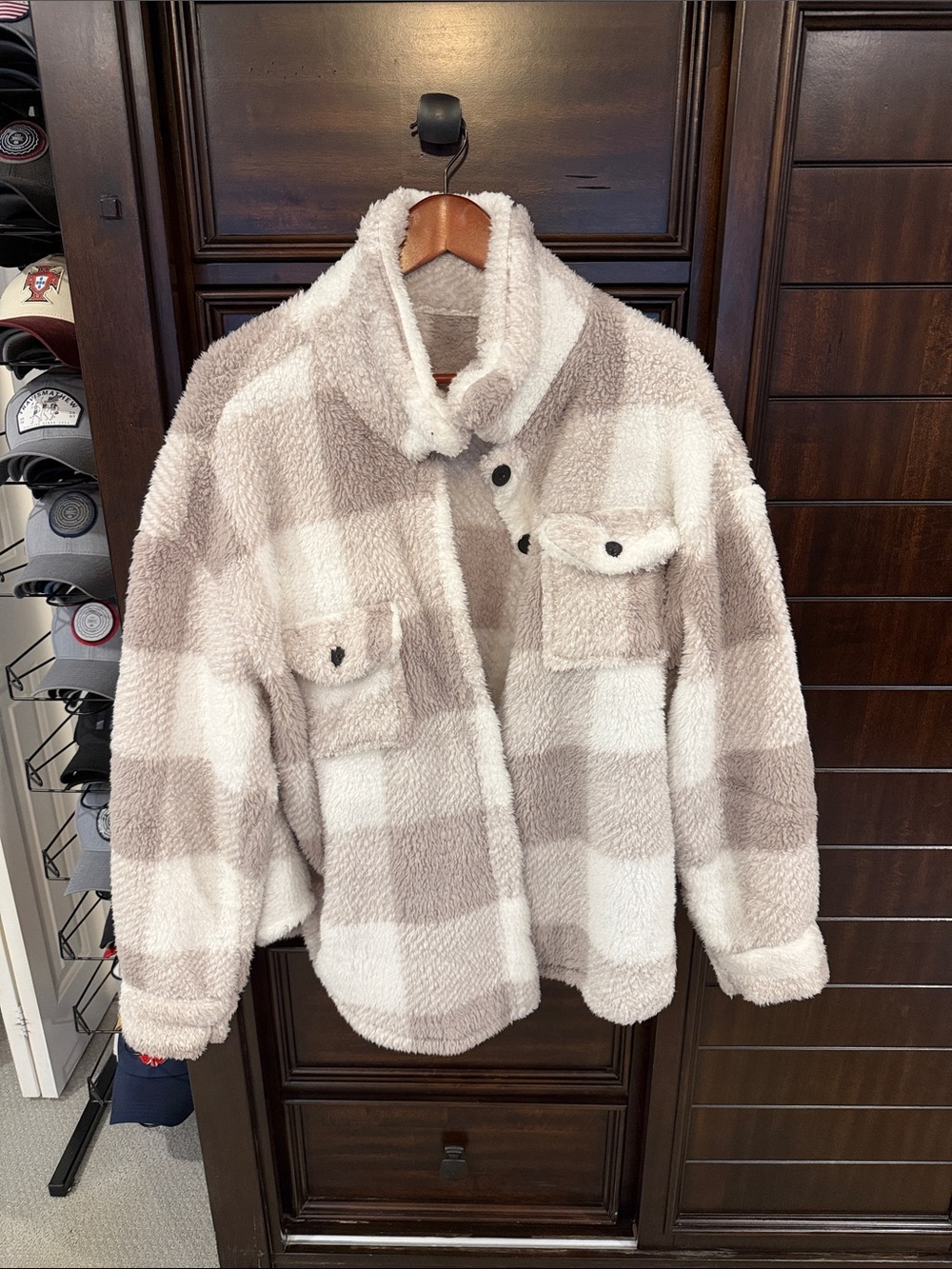 Cozy Check Plush Shacket Jacket - Cream & Taupe